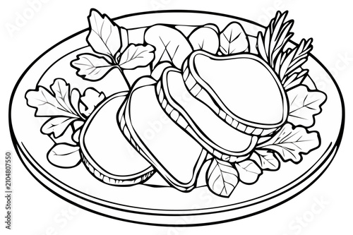 Illustration of sliced cutlets on a plate with fresh salad herbs outline for coloring book