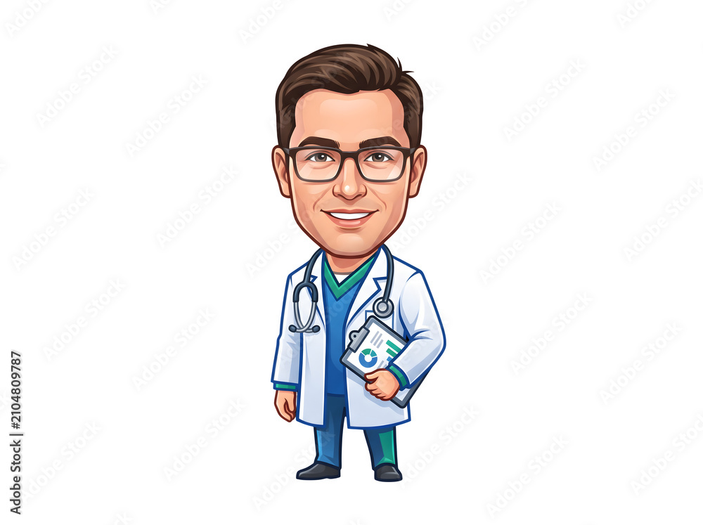 Fototapeta premium A handsome and fashionable doctor with glasses and a stethoscope, holding a chart