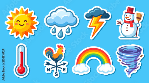 Fotografía Colorful weather icons set featuring cute sun rainy cloud lightning bolt snowman
