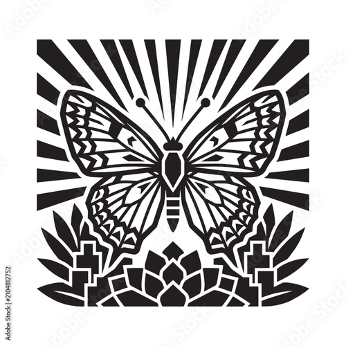 Vintage Art Deco Butterfly Graphic with Geometric Patterns and Luxury Ornamental Sunburst Background