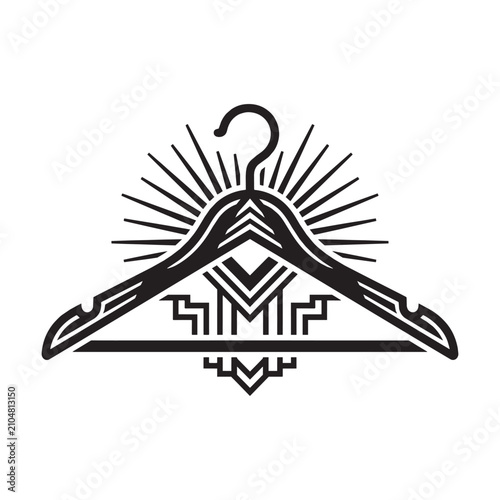 Art Deco Clothes Hanger Icon with Geometric Sunburst and Luxury Ornamental Vintage Design, Black and White Fashion Boutique Logo