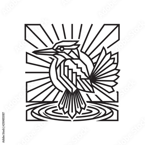 Geometric Art Deco Kingfisher Illustration, Luxury Ornamental Vintage Style Bird Logo with Sunburst and Water Ripples