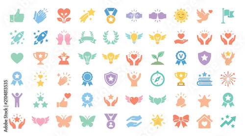 Cuadro en lienzo Collection of colorful flat icons representing success, achievement, and positive emotions