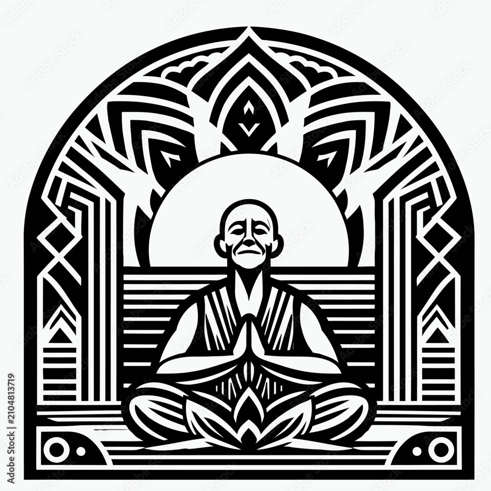 Fototapeta premium Art Deco and Art Nouveau Inspired Monochrome Illustration of a Monk Meditating in Lotus Position Against a Rising Sun, Symmetrical Zen Spiritual Graphic Art.