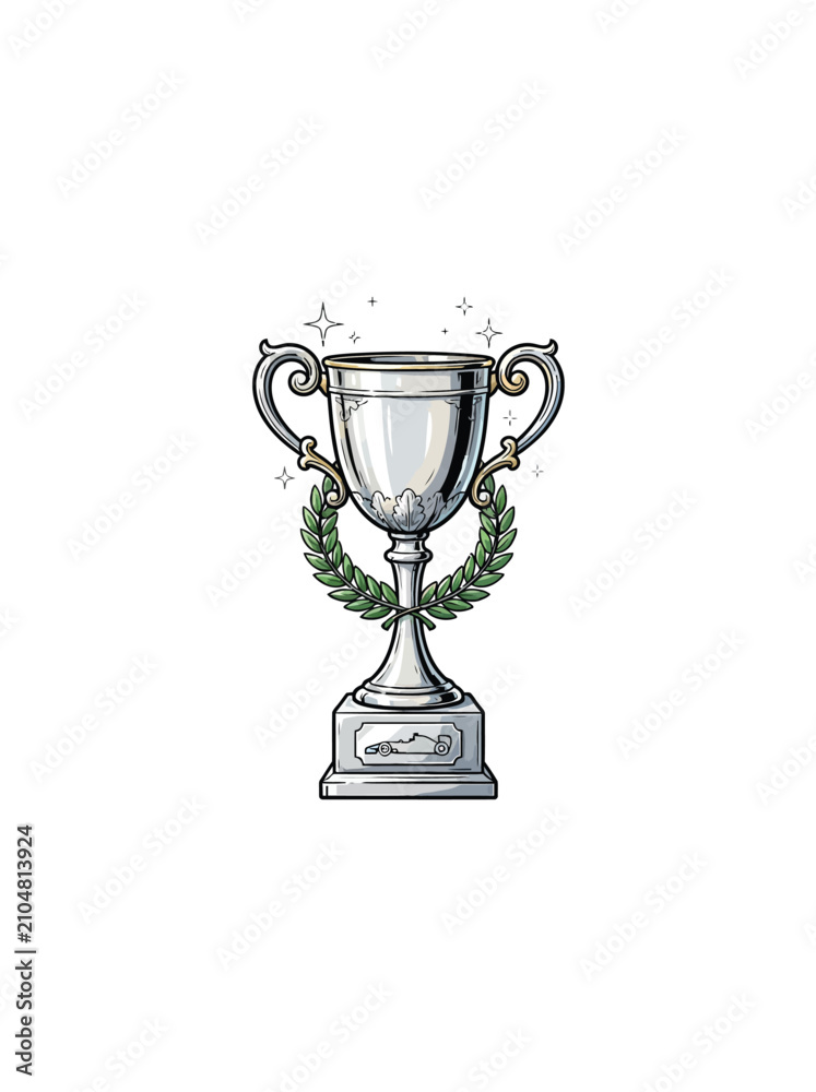 Obraz premium Shiny Silver Trophy With Ornate Handles, Laurel Accents, And Formula 1 Car Emblem On Base Vector Illustration