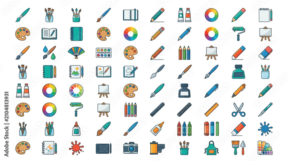 Fototapeta premium A collection of colorful icons representing art supplies and creative tools, perfect for design projects.
