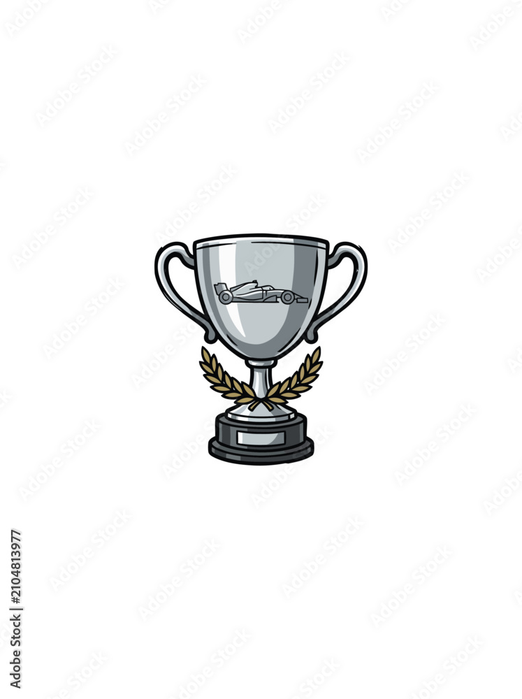 Obraz premium Simple Silver Trophy With Formula 1 Car Motif And Laurel Wreath Accents For Racing Theme Vector Illustration
