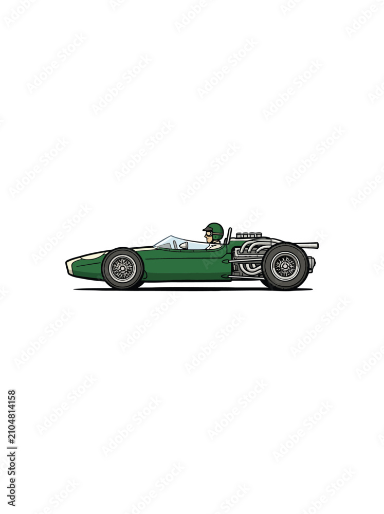 Obraz premium Green Vintage F1 Car Featuring Detailed Mechanical Parts And A Driver In Racing Gear Positioned Against A Plain White Backdrop Vector Illustration