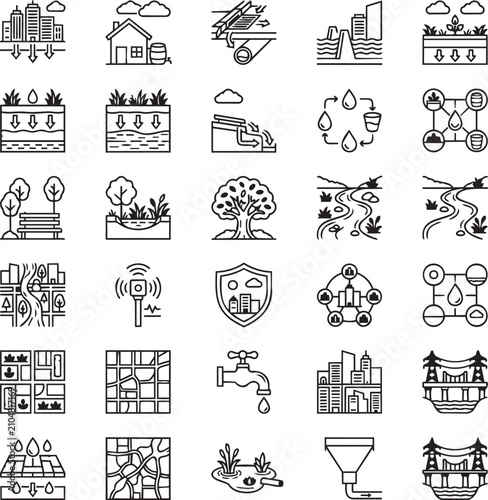 Sponge Cities Urban Water Management Black Line Icons for Sustainable Infrastructure, Smart City UI and Dashboard Design