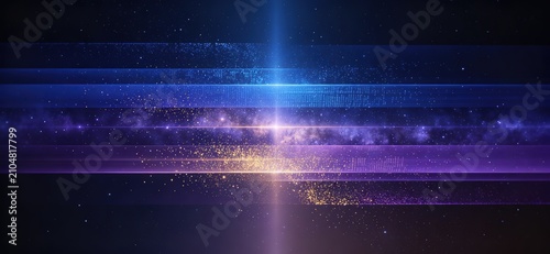 Glowing Blue Gold Light Streaks Layered Horizontal Starry Dark Tech Abstract 4K