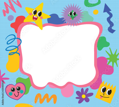 Colorful Cartoon Character Border Frame with Abstract Shapes and Grid Background