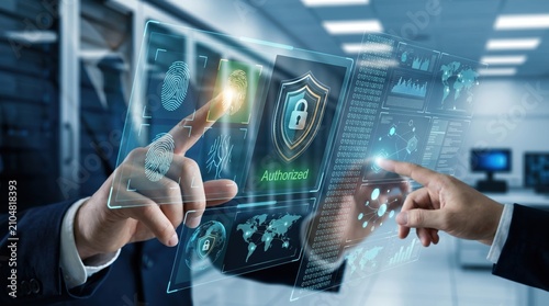 Business professionals using futuristic holographic interface for biometric fingerprint authentication and data security authorization in modern office environment.