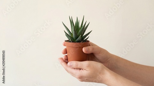 Hands holding a small potted succulent plant, haworthia zebra cactus in terracotta pot against white background, gardening hobby concept