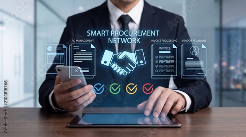 Smart procurement network concept, businessman using tablet and smartphone with invoice processing, vendor relations, PO management, supply chain logistics, digital handshake, b...
