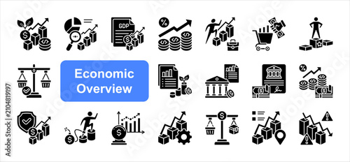 Fotografia Economic Overview icon set, with Investment Activity, Fiscal Policy, Monetary Policy, Interest Rate