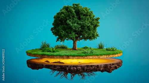 Floating green island with healthy tree representing environmental sustainability