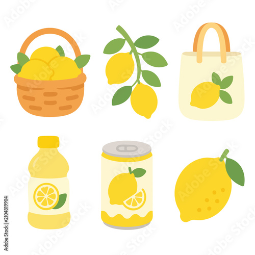 Lemon fruit vector set featuring basket, branch, bottle, can, and organic citrus elements