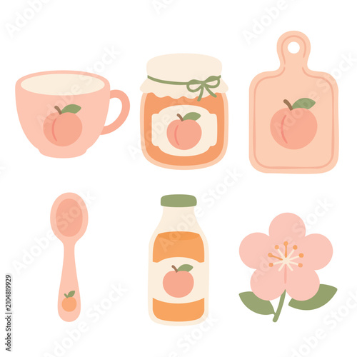Cute Peach Themed Kitchenware and Food Vector Illustration Set with Cup Jam Spoon Bottle