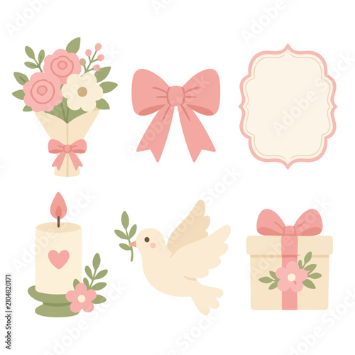Romantic vector collection with bouquet, dove, gift, and candle illustrations