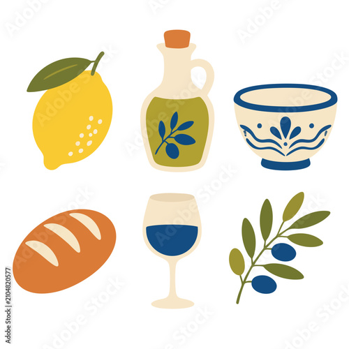 Stylized vector collection of Mediterranean food and drink icons. Essential ingredients including fresh lemon, olive oil, wine, and bread