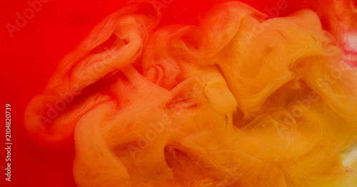 Fume wave. Ink blend. Red orange stream art fluid swirl liquid hot abstract background. Defocused flow spill pigment fantasy cloud.