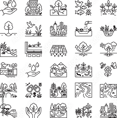 Nature Based Solutions Black Line Icons for Sustainable Development, Green Infrastructure, Climate Action and Smart City Design