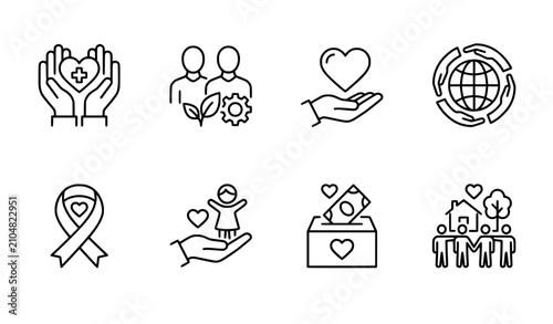 Social awareness and humanitarian thin line icon set editable stroke charity vector