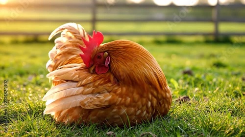 A beautiful brown rooster sits on green grass at sunset
