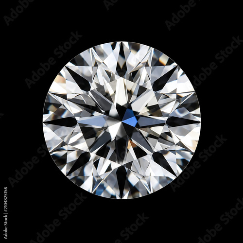 Macro close up of a sparkling round diamond with intricate facet reflections, isolated on a seamless pure black background, refined luxury aesthetic, professional lighting