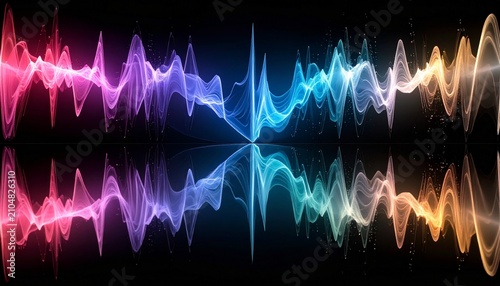 A modern abstract visualization of colorful sound waves glowing against a dark background, representing music, audio technology, broadcasting, podcasts, and digital communication.