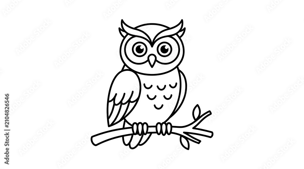 Fototapeta premium Hand drawn outline illustration of a wise owl perched on a tree branch with wildlife illustration predator feathers minimalist creature