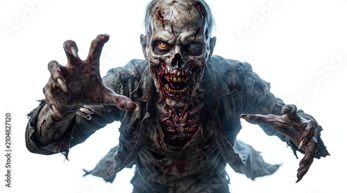 A terrifying zombie with decaying flesh and glowing eyes lunging forward during Halloween night against a stark white background