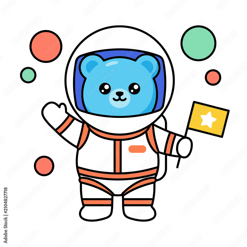 Obraz premium Charming Blue Gummy Bear Astronaut Waving a Star Flag, Embracing a Sweet Jelly-like Aesthetic in a Whimsical Cosmic Expedition