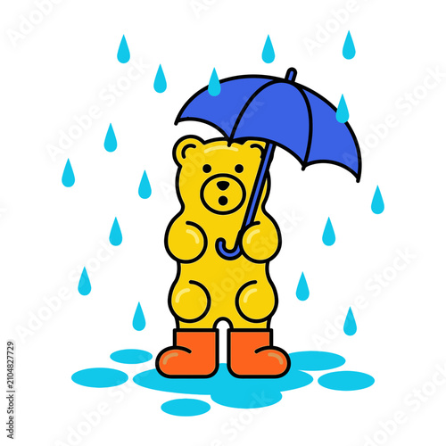 A charming Gummy bear illustration joyfully embracing a rainy day with a vibrant umbrella and stylish boots, creating a delightful Jelly aesthetic scene