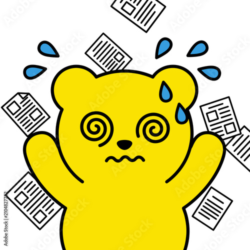 Stressed Gummy bear illustration, overwhelmed by falling paperwork, depicting frantic deadline pressure. This vibrant Jelly aesthetic perfectly captures modern professional anxiety