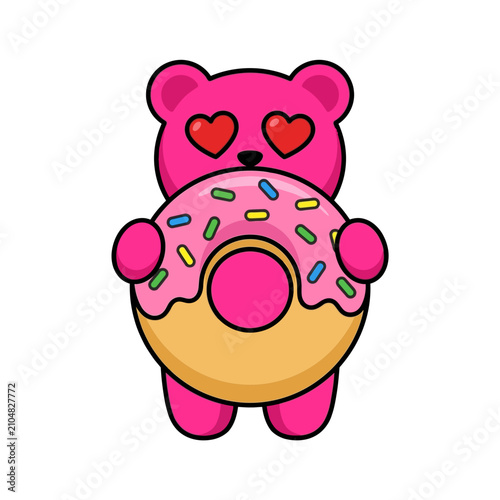 A charmingly sweet pink Gummy bear character, a delightful Jelly creature exuding aesthetic appeal, lovingly holding a delicious sprinkled donut, perfect for whimsical art