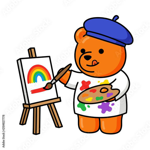 An endearing Gummy bear artist, covered in a spectrum of colorful paints, brings a cheerful rainbow to life, embodying a sweet Jelly and artistic Aesthetic
