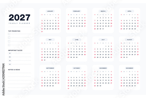 2027 Yearly Planner Calendar Template with Monthly Overview, Priorities, Important Dates and Notes | Clean Minimal Printable Planner