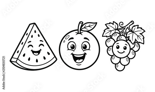 Premium Cute Cartoon Fruit Mascot Vector Set - Happy Watermelon Slice, Orange & Grape Bunch Kawaii Line Art Clipart Bundle for Kids Coloring Book Stickers