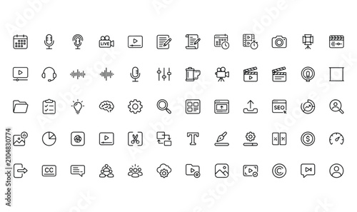 Premium Podcast & Video Production Vector Icon Set - Monoline Content Creation Mega Pack, Film Making, Sound Wave, SEO Marketing  Media Editing Line Art Clipart Bundle
