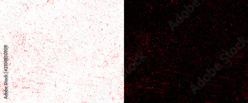 Grungy distressed texture background, split screen white and black weathered surface, red speckled grain overlay for vintage design effects