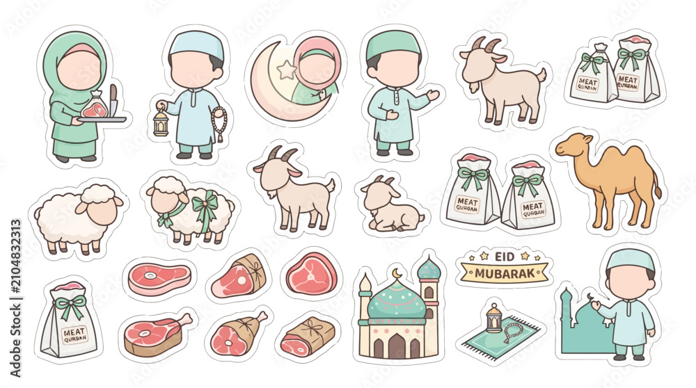 Obraz premium Cute Ramadan & Eid Al Adha Stickers: Muslim Family, Animals, Food, Mosque, Moon