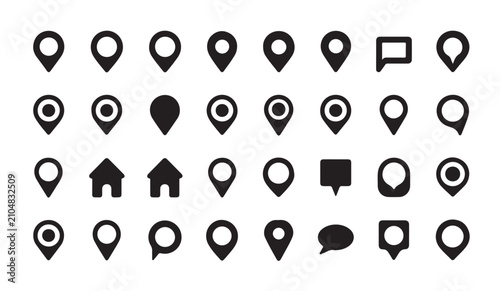 Variety of location pins home icons and speech bubbles for map and communication.