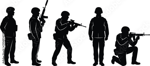 Military Soldier Silhouette Set with Tactical Standing Kneeling and Patrol Poses Vector Illustration