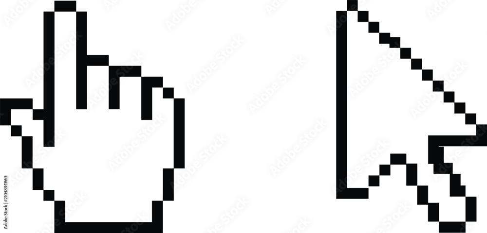 Fototapeta premium Pixel Cursor and Hand Pointer Icon Set with Mouse Click Vector Illustration