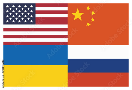 アメリカ、中国、ウクライナ、ロシアの国旗を表すコラージュ