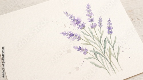 Delicate watercolor painting of lavender sprigs arranged on textured paper for a soft botanical art composition with artistic splatters and natural pastel tones for decor