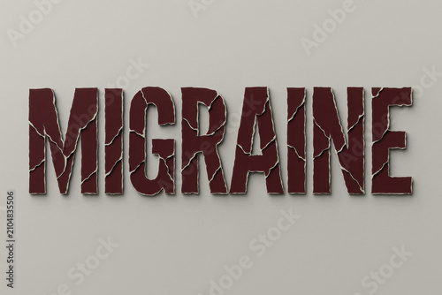 Cracked broken text spelling migraine in deep maroon with jagged torn edge on soft grey background, bold typography design concept for pain and headache