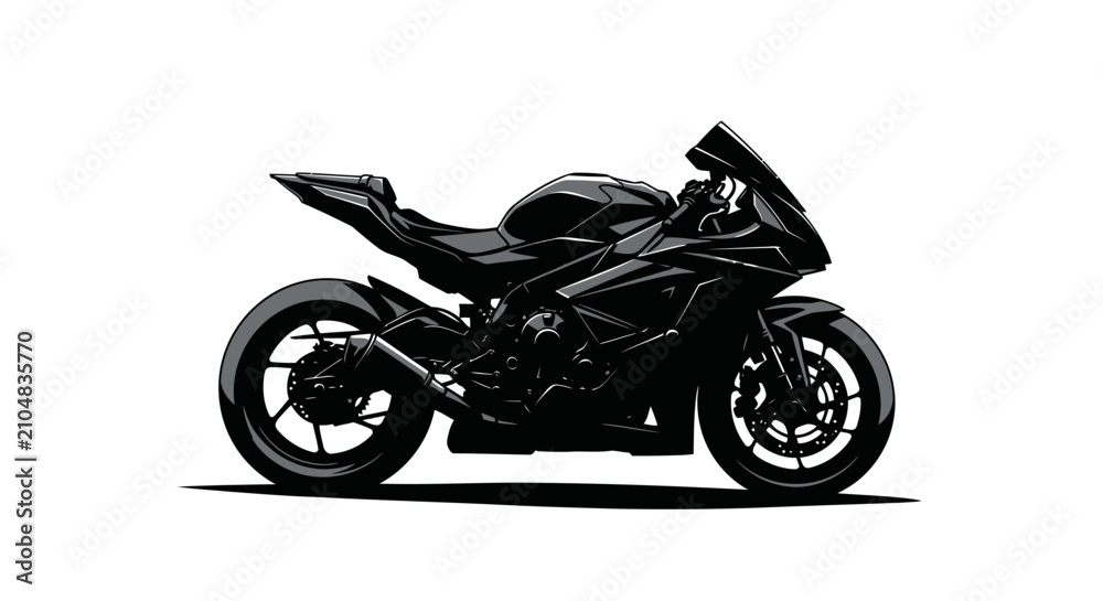 Obraz premium Black motorcycle side view illustration with showcasing sleek design shiny surface against white background motorcycle viewed transportation