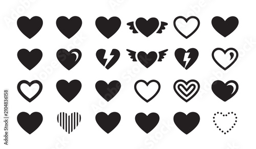 Konstfotografi Solid black heart icons set with various shapes including broken wings and striped patterns for romantic design